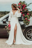 Deep V Neck A-line Long Sleeves Wedding Dress With Slit V Back Long Bridal Gowns OKX86