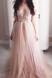 Luxurious Prom Dresses,Beaded Prom Dress,V Neck Prom Gown,Tulle Evening Dress,Backless Prom Dress,Sexy Evening Dress,See Through Prom Gown,Pink Prom Dresses