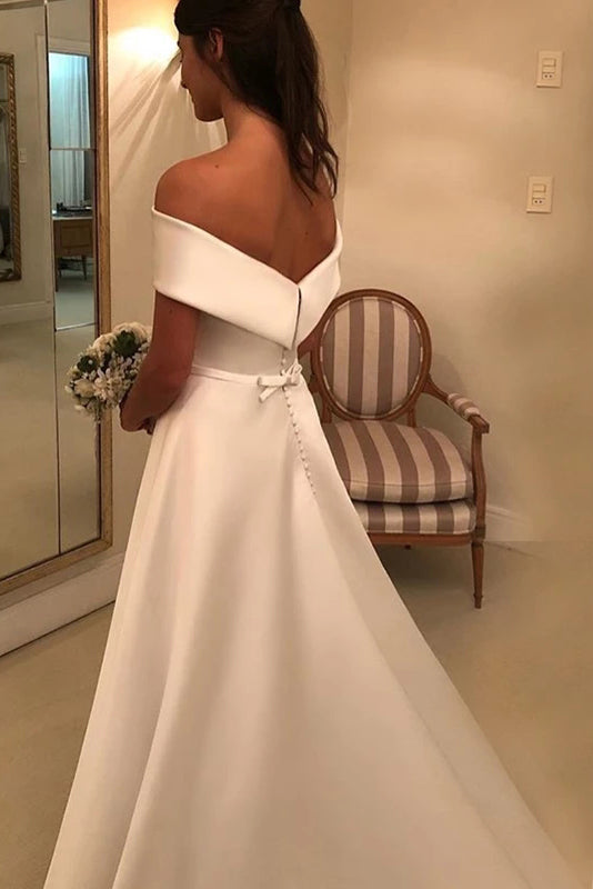 Simple A-line Ivory Wedding Dress Satin Off The Shoulder Bridal Gowns OKX3