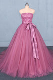 Strapless A Line Tulle Lace Appliques Prom Dress, Long Formal Dress OKQ22