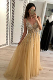 Charming A Line Tulle V Neck Floor Length Prom Dress Beads Sequins OKJ24