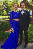 Elegant Sheath Scoop Neck Lace Beading Royal Blue Long Sleeve Two Pieces Prom Dresses OK611