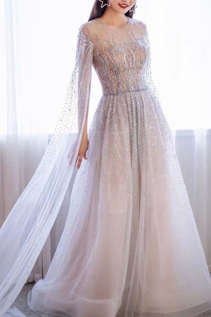 A-line Round Beaded Long Prom Dress Charming Formal Gown OKS70
