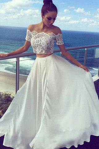 White Two Pieces Off The Shoulder Long Lace Cheap Prom Dress,Formal Evening Dress OK588