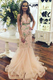 Champagne Prom Dresses,V Neck Prom Gown,Tulle Prom Dress,Long Prom Dress,Mermaid Prom Dress