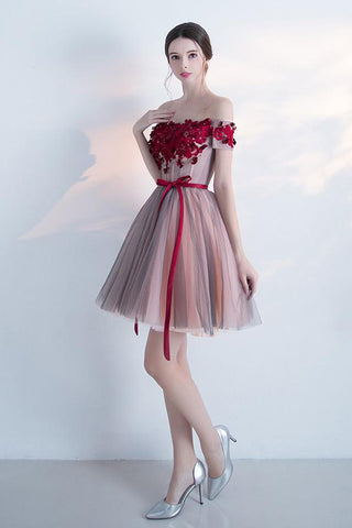 Elegant Off the shoulder Red Appliques A Line Homecoming Dresses With Belt OKB56