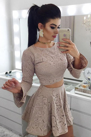 Two Piece A-Line Long Sleeves Lace Short Homecoming Dresses OKM14