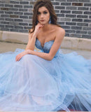 Sky Blue Tulle Long Sweetheart A line Lace Top Prom Dress OK970