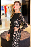 Black Lace Bateau Sheath Long Backless Plus Size Prom Dresses OK661