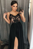 Chic A-Line Spaghetti Straps Black Split Long Prom Dress with Lace OKA87