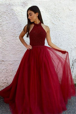 Burgundy Prom Dresses,Halter Prom Gown,Beaded Prom Dress,Tulle Prom Dress