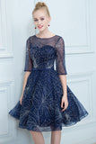 A Line Dark Blue Homecoming Dress, Short Half Sleeves Prom Dress OKN64
