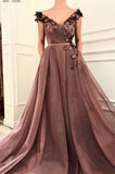 A Line V Neck Cap SleevesBrown Long Flowers Prom Dress With Pockets OKR10