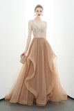 A-line Spaghetti Straps Tulle Long Lace Appliques Prom Dress OKR85