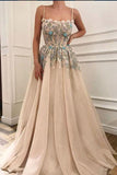 Charming Spaghetti Straps Appliques A-line Formal Long Prom Dress OKH14