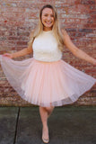Pink A Line Tulle Short Homecoming Dresses with White Lace Top OKB31