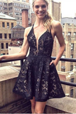 A-Line Deep V-Neck Straps Short Black Lace Homecoming Dresses with Pockets OKA93