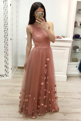 One Shoulder A Line Tulle Floor Length Prom Dress Cheap Long Evening Dress OKJ23