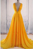 Yellow A Line V Neck Criss Cross Back Chiffon Long Prom Dresses OKB58