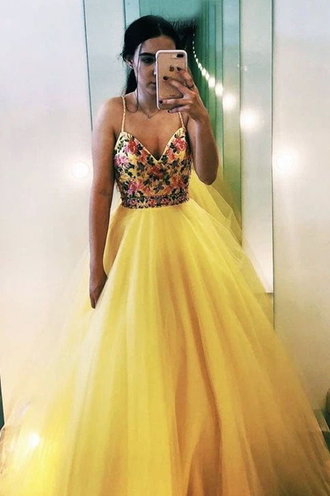 V Neck Spaghetti Straps Yellow Tulle A-line Prom Dress with Floral Appliques OKT61
