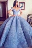 Blue Lace Off-The-Shoulder Ball Gown Quinceanera Dresses,Princess Prom Dress OKC91