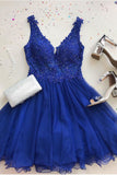 A Line V Neck Tulle Beaded Royal Blue Short Homecoming Dress OKM71