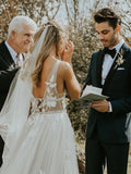 Marvelous V-neck A-line Wedding Dress Appliques Tulle Bridal Gowns OKU42
