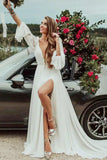 Deep V Neck A-line Long Sleeves Wedding Dress With Slit V Back Long Bridal Gowns OKX86