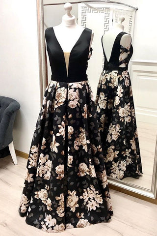 A Line V Neck Floral Prom Dress, Long Black Prom Gown OKK27