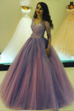 Princess Long V Neck Appliques Ball Gown Prom Dresses With Long Sleeves OKB43