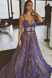 Purple Prom Dresses,Lace Prom Dress,Spaghetti Straps Evening Dress,Nude Lining Evening Dress,Long Evening Dresses