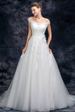 A Line Off the Shoulder Appliques Tulle Long Wedding Dress Bridal Dress OKQ26