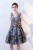 V Neck A Line Flowers Homecoming Dress, Short Grey Prom Dress OKN60