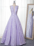 A-Line Floor-Length Lilac Printed Prom Dresses, Simple Long Evening Dresses OKJ12