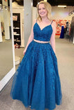 Royal Blue Sparkle Tulle Straps Appliques Two Pieces Prom/Formal Dress OKU13