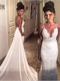 Elegant Spaghetti Straps Mermaid Long Lace Backless Wedding Dress with Court Train OKB02