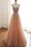 A Line Lace Up Back Spaghetti Straps Evening Dress Coral Tulle Sequined Prom Dress OKS15