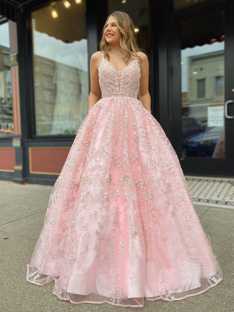 Pink V Neckline Spaghetti Straps Lace Appliqued A-line Long Prom Dress OKV40