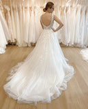 Elegant A Line V-neckline Tulle Appliques Bridal Gown with Lace Bodice OK1702
