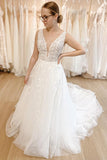 Elegant A Line V-neckline Tulle Appliques Bridal Gown with Lace Bodice OK1702