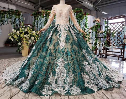 Green Long Sleeves Ball Gown Lace Prom Dresses with Appliques, Long Prom Gown OKP51