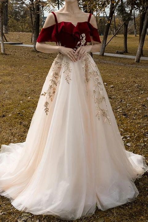 Vintage Red Top Straps Tulle Evening Dresses A Line Long