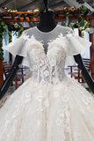 Elegant Ball Gown Big Wedding Dress, Appliques Bridal Dress with Short Sleeves OKN73