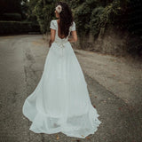 V Neck A-line Short Sleeves Wedding Dress Long Bridal Gowns OKX87