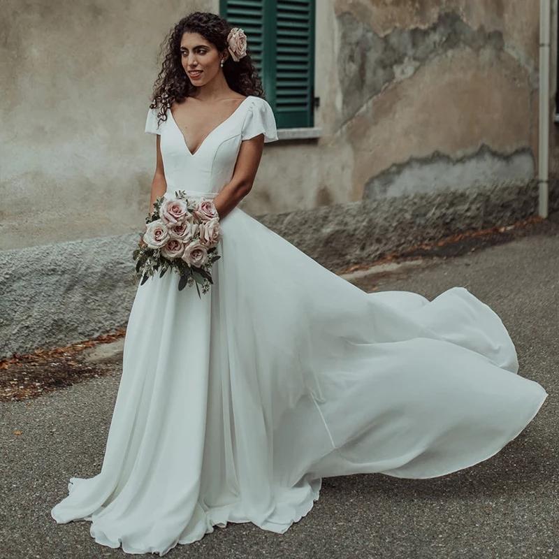 V neck short sleeve wedding dress deals