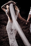 Lace Rustic Cap Sleeves Mermaid Wedding Dress Sheath Boho Wedding Dress OKU75