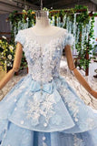 Princess Light Sky Blue Prom Dresses with Flowers, Ball Gown Quinceanera Dress OKP50