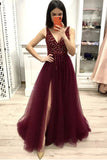 A-line V Neck Burgundy Prom Dress Beaded Tulle Long Evening Dress OKU7