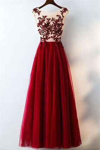 Charming Red A Line Long Tulle Lace Appliques Prom Dress OKC21