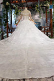 Ball Gown Half Sleeves Lace Bridal Dresses with Sequins, Princess Long Wedding Dress OKN72
